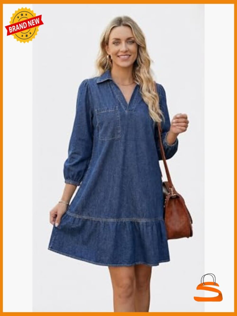 Collared V Neck Denim Dress 3/4 Sleeve Casual Loose Babydoll Short Jean Dress - Picture 4 of 5